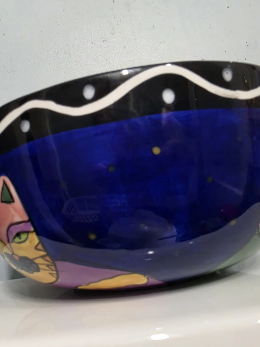 Laurel Burch Hand-Painted Blue Cat Glass Bowl with Multicolor Accents